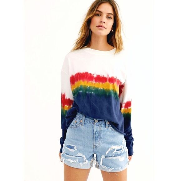 Daydreamer Free People Rainbow Wash Cropped Long Sleeve Tee - Picture 2 of 11